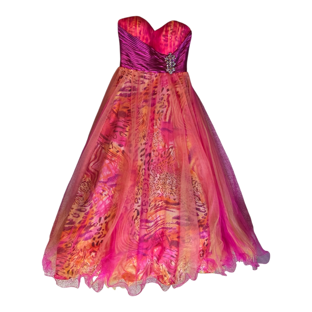 David's Bridal Pink and Orange Strapless Prom Dress